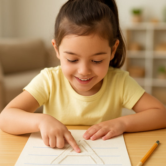 Preschool child tracing letters with finger on a textured worksheet, developing focus and fine motor skills through tactile learning.