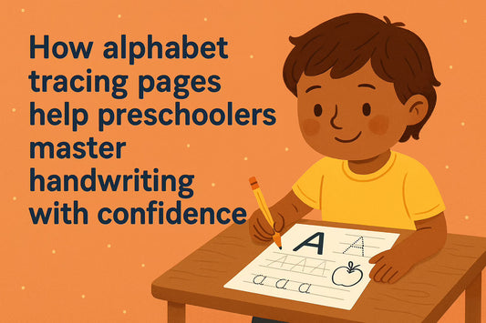 llustration of a happy preschool boy tracing the letter "A" on a worksheet with a pencil, demonstrating how alphabet tracing pages help children build handwriting skills with confidence.