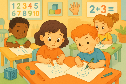 Preschool children practicing number tracing in a cheerful classroom setting, surrounded by math visuals and learning materials.