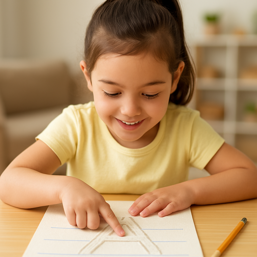 Preschool child tracing letters with finger on a textured worksheet, developing focus and fine motor skills through tactile learning.