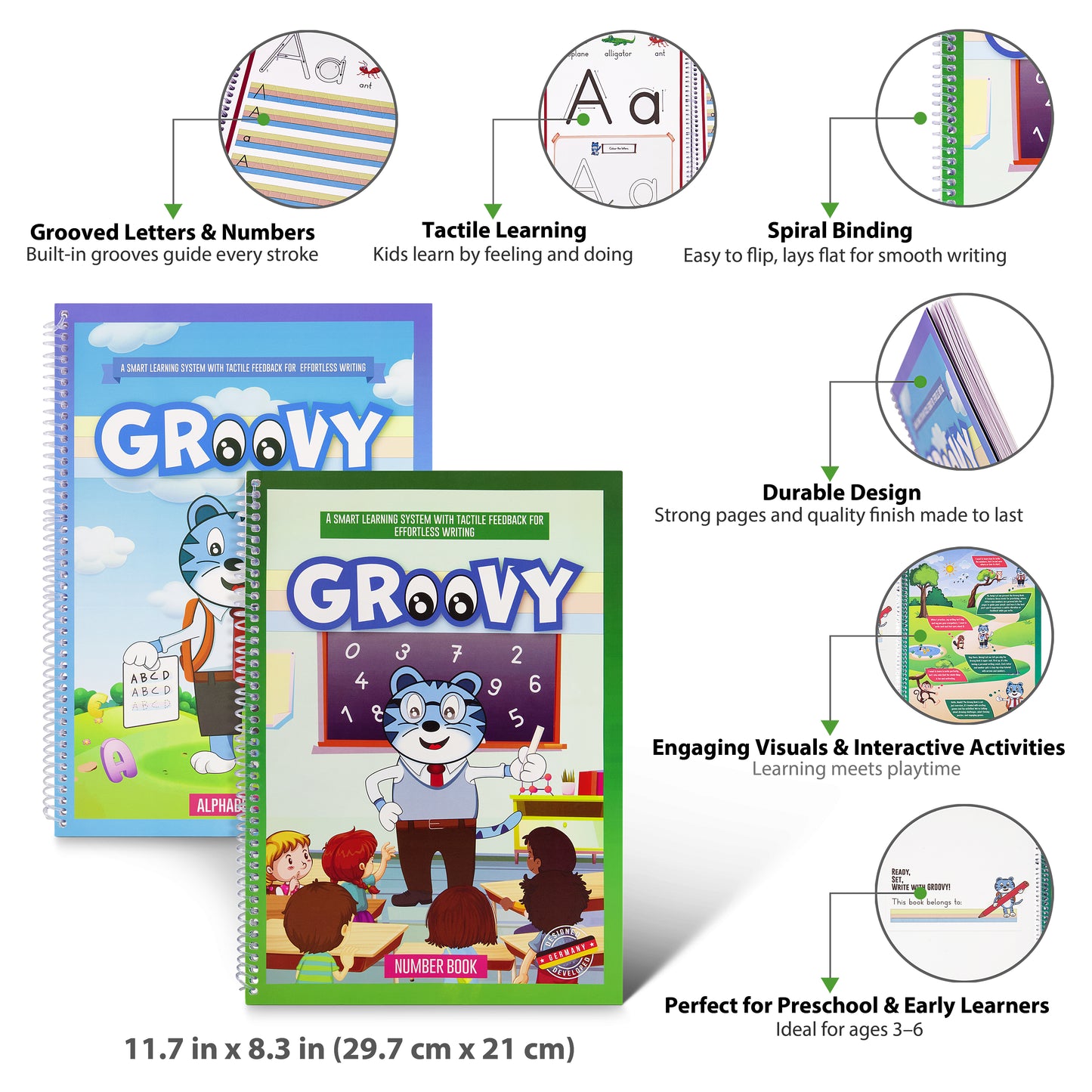 Infographic showing features of the Groovy Alphabet and Number Books – dotted grooves, visuals, step-by-step arrows