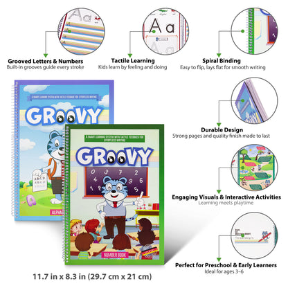 Infographic showing features of the Groovy Alphabet and Number Books – dotted grooves, visuals, step-by-step arrows