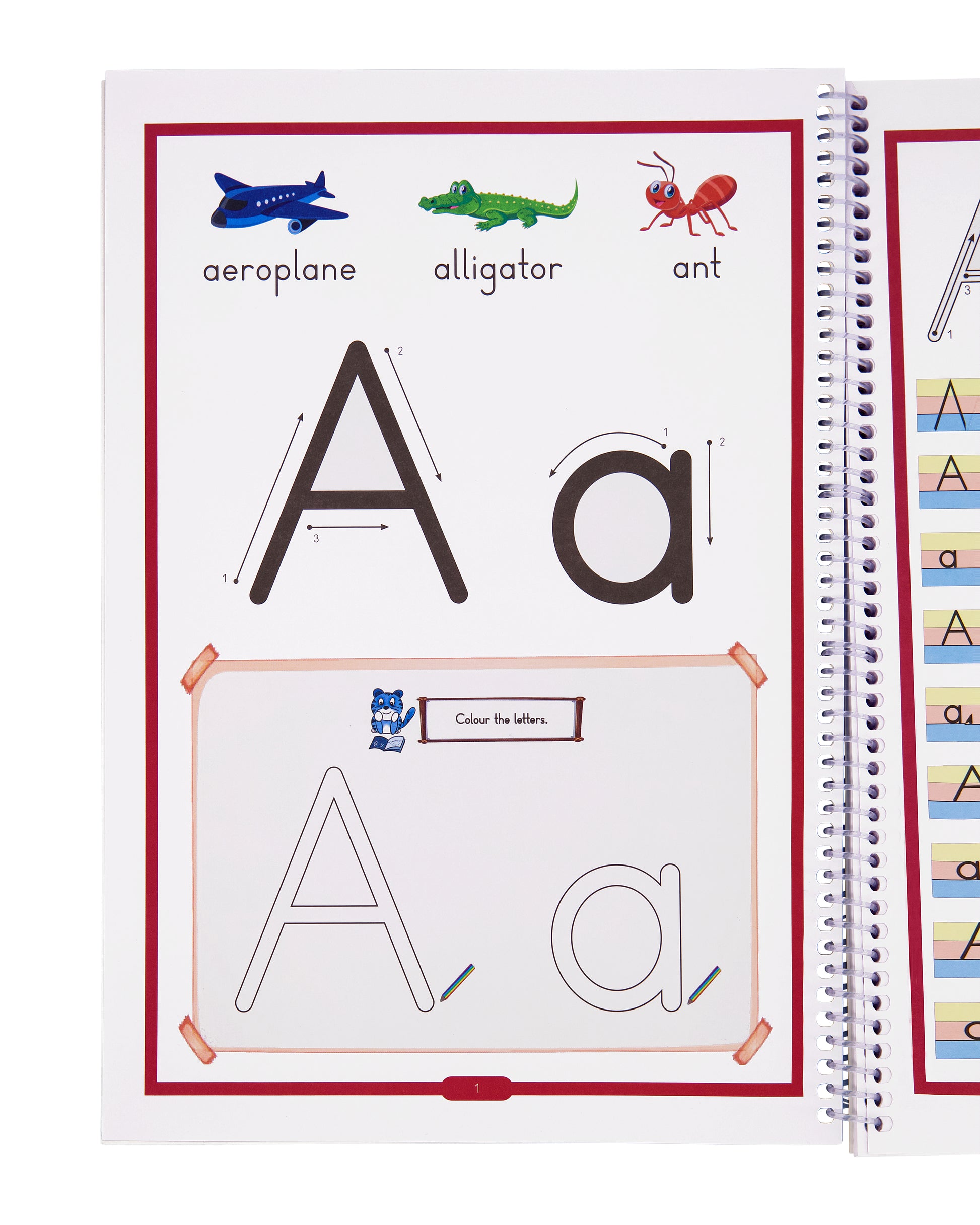Letter A tracing page with airplane, alligator, and ant illustrations.