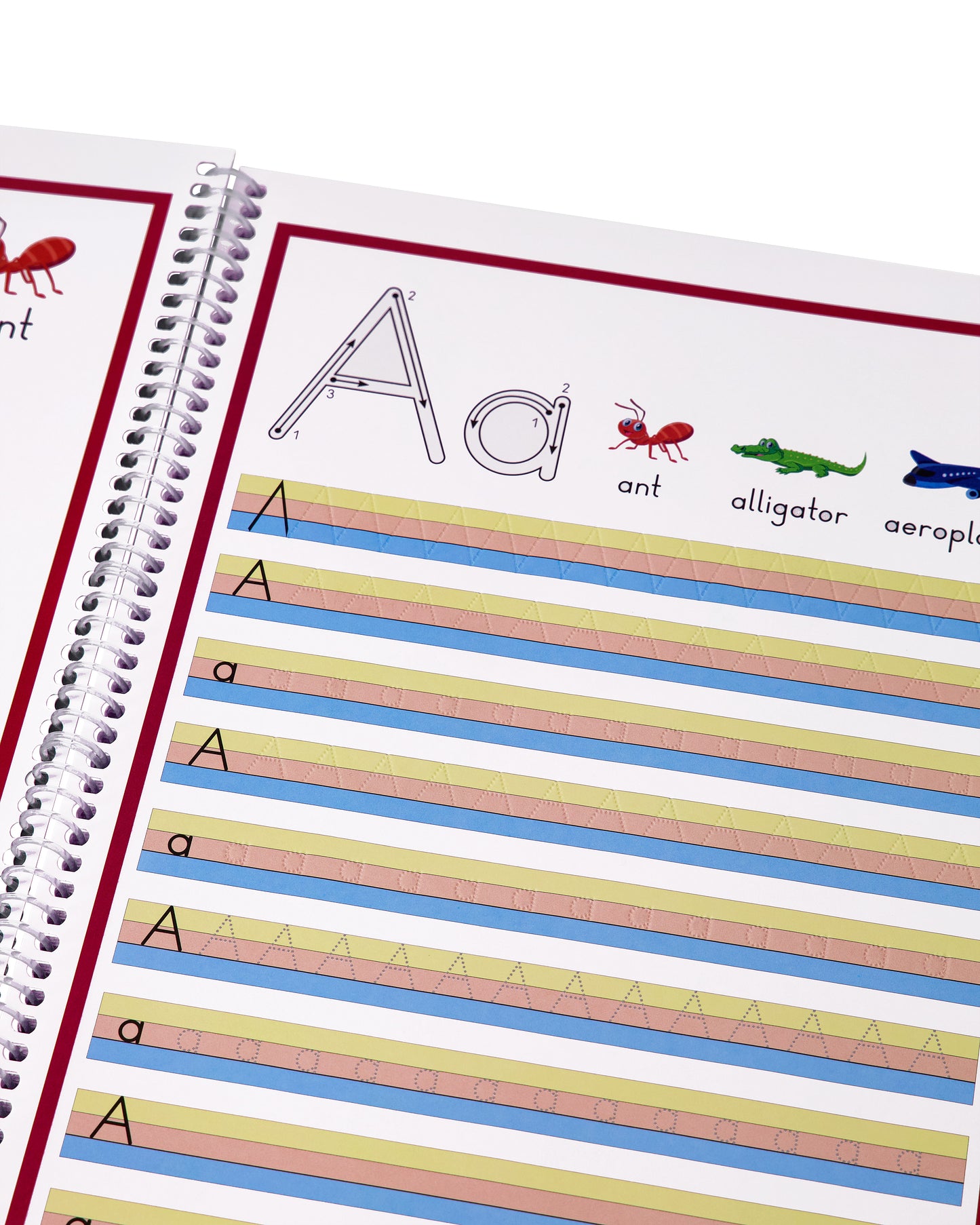 Double-page alphabet tracing layout with large grooved letters and directional arrows.