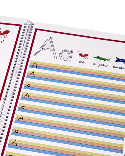 Double-page alphabet tracing layout with large grooved letters and directional arrows.