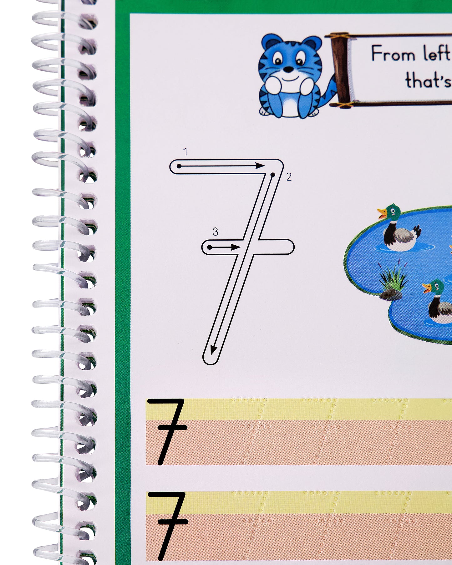 Number 7 tracing page with dotted grooves and colorful illustrations – Groovy Number Book