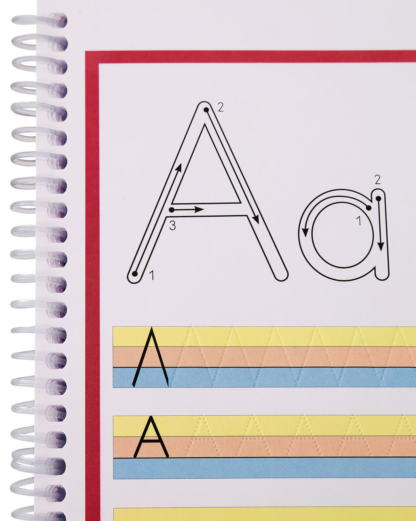 Handwriting practice page for the letter A with tactile grooves, guidelines, and arrows.